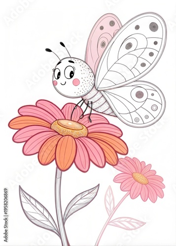 A cute butterfly sitting on a large, colorful flower, outlined simply in black, drawn as an outline sketch, only black lines, no colors, simple and clean for a children's coloring book.