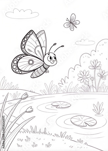 A cute butterfly flying over a pond, outlined in black, drawn as an outline sketch, only black lines, no colors, simple and clean for a children's coloring book.
