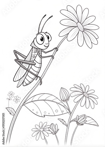 A cute grasshopper sitting on a flower stem, outlined simply in black, drawn as an outline sketch, only black lines, no colors, simple and clean for a children's coloring book.
