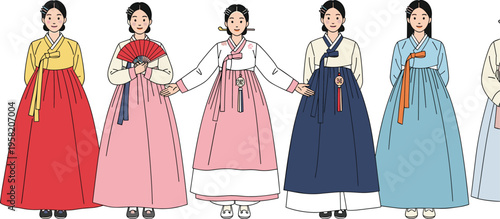 Traditional Korean Hanbok Dress Collection with Women Wearing Colorful Hanbok Clothing in Flat Style Cultural Fashion Vector Illustration Set
