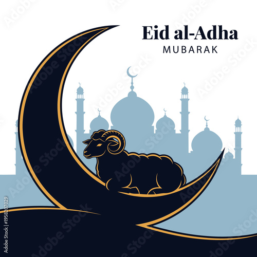 A majestic black ram with golden horns rests peacefully on a crescent moon symbolizing Eid alAdha.
