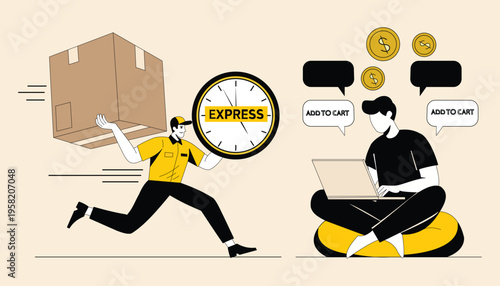 Illustration of a delivery man carrying a package with an express clock and a person sitting on a cushion shopping online with a laptop.