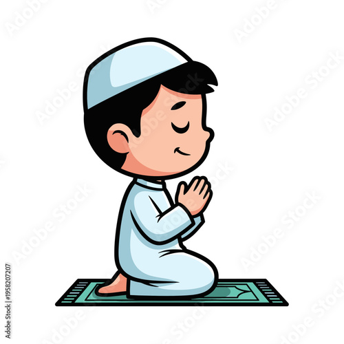 Cute Muslim boy praying on a prayer mat.