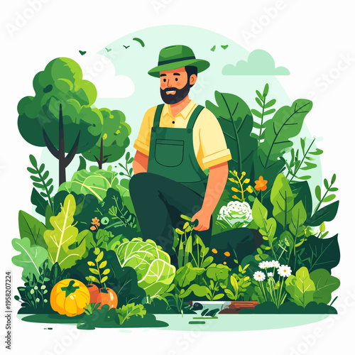 Farmer in Garden - Harvesting Vegetables with Care and Dedication.