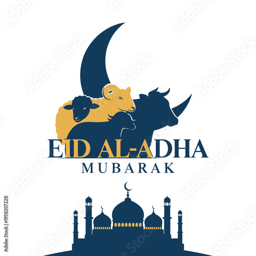 Eid al Adha Mubarak celebration with mosque and sacrificial animals.