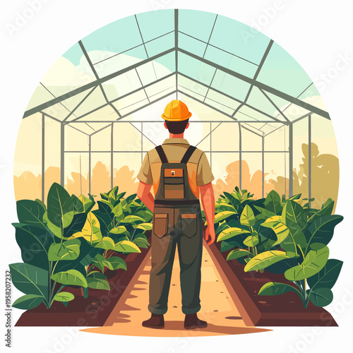 Farmer Inspecting Crops in Greenhouse with Protective Gear.