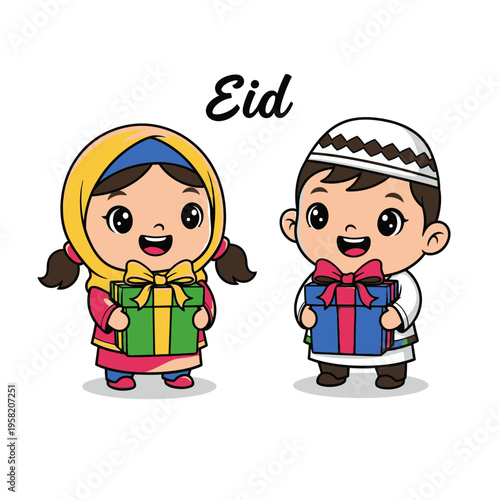 Cute Muslim children celebrating Eid with gifts.