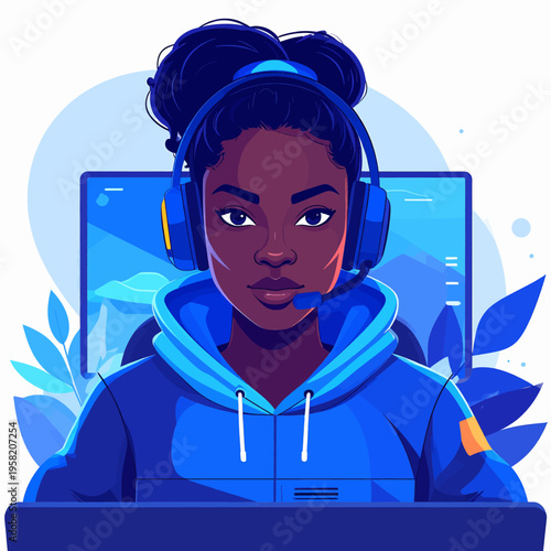 Focused African American Woman Gamer with Headset and Hoodie.