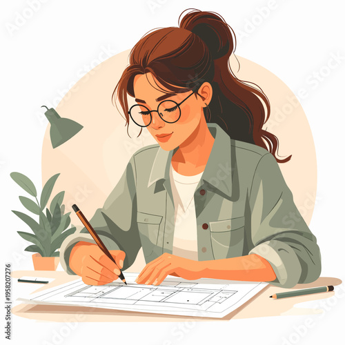 Focused Architect - Woman Drafting Blueprints with Precision and Creativity.