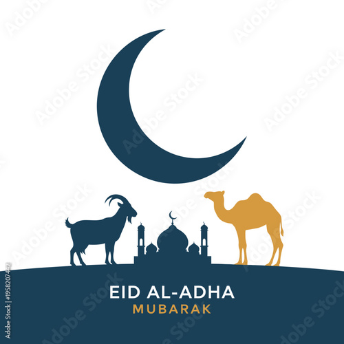 Eid alAdha Mubarak celebration with mosque crescent moon camel and goat silhouettes.