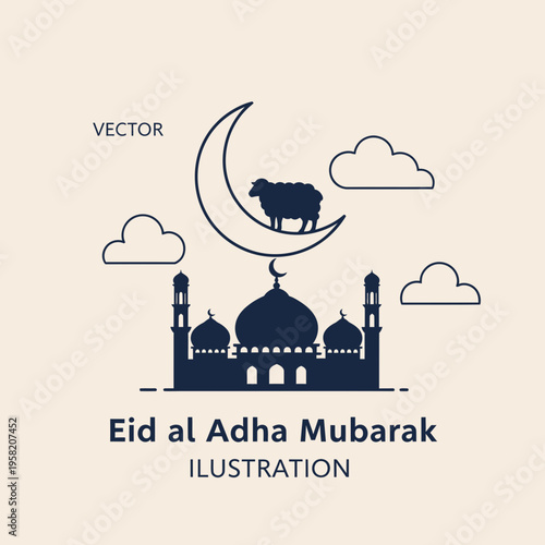 Eid al Adha Mubarak celebration with mosque moon and sheep.