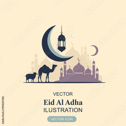 Eid Al Adha celebration with mosque crescent moon camel and sheep.