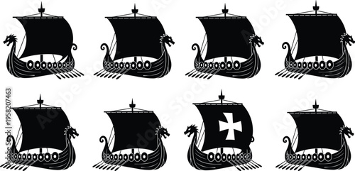 Viking longship silhouettes set with dragon head sails shields medieval sea travel Scandinavian history illustration isolated on white background collection