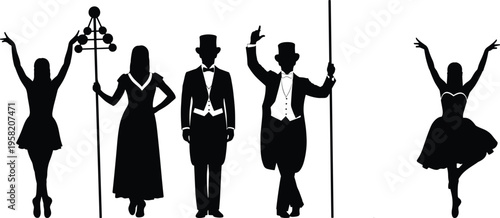 Vintage performers silhouettes set dancers and gentlemen with cane theatrical show entertainment retro style isolated on white background illustration