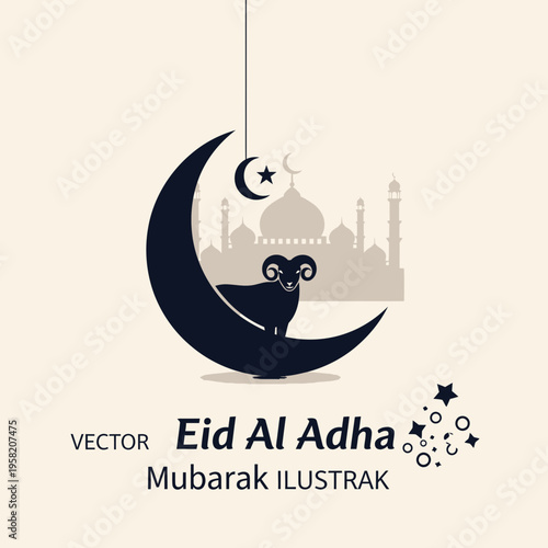 Eid Al Adha Mubarak illustration with a black ram on a crescent moon and mosque silhouette.
