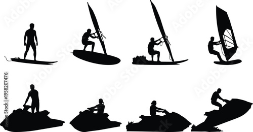 Water sports silhouettes set with windsurfing and jet ski activities, extreme outdoor adventure and summer recreation illustration isolated collection