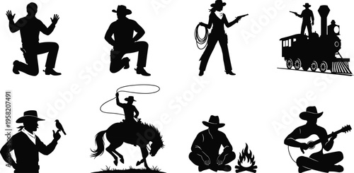 Wild west cowboy silhouettes set with guns, horse riding, train and campfire scenes, western culture illustration collection isolated design