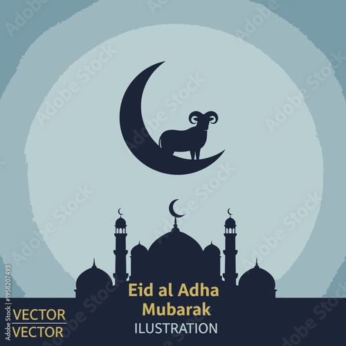 Eid al Adha Mubarak illustration with mosque and crescent moon.