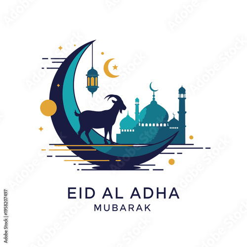 Eid al Adha Mubarak celebration with goat mosque and crescent moon.