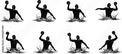 Water polo player silhouettes set with splashing action poses holding ball, aquatic sport illustration collection isolated on white background design