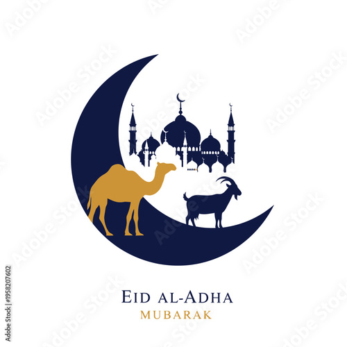 Eid AlAdha Mubarak Islamic Crescent Moon with Camel and Goat.
