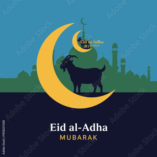 Eid alAdha Mubarak with a goat and crescent moon.