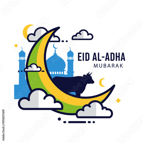 Eid AlAdha Mubarak Islamic Festival Celebration with Cow and Moon.