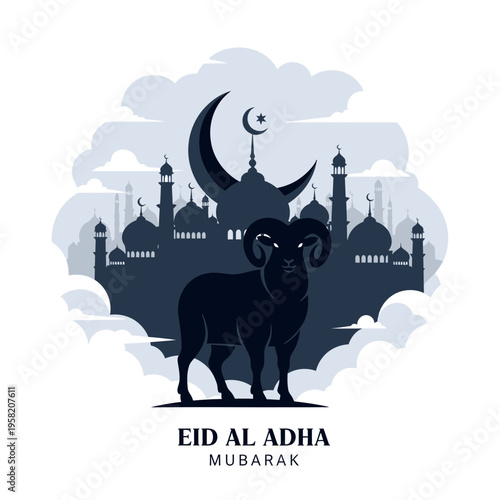 Eid al Adha Mubarak with a majestic ram in front of a mosque.
