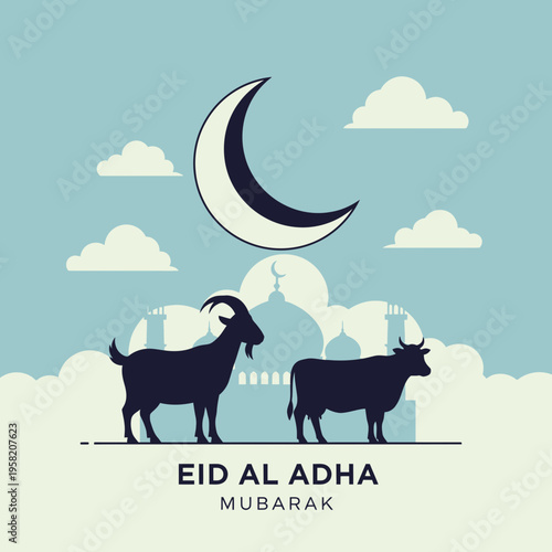 Eid al Adha Mubarak with goat and cow silhouettes under crescent moon.