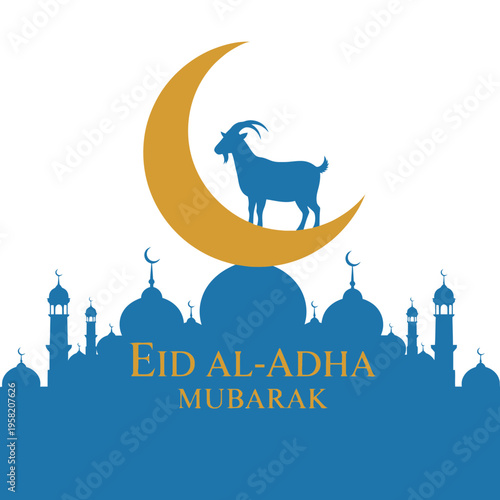 Eid alAdha Mubarak with Mosque and Goat Silhouette.