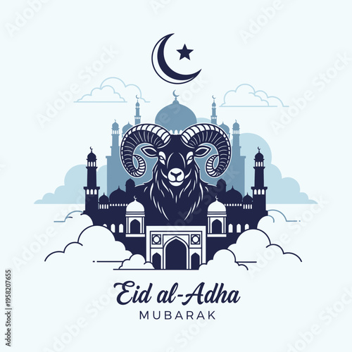 Eid alAdha Mubarak celebration with a majestic ram and mosque.