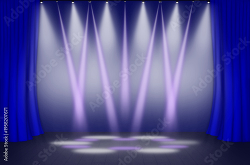 Theater stage and stage lighting with spotlights, theater and concert lighting on a blue background. Vector illustration.