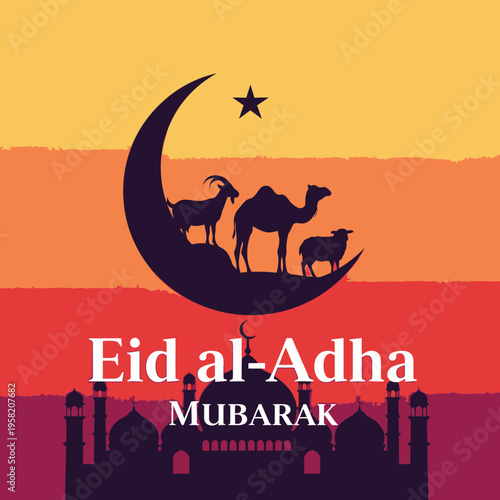 Eid alAdha Mubarak celebration with crescent moon star mosque and sacrificial animals.