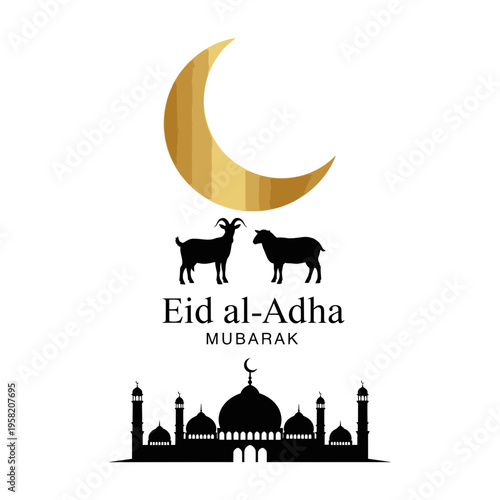 Eid alAdha Mubarak celebration with crescent moon mosque and sacrificial animals.
