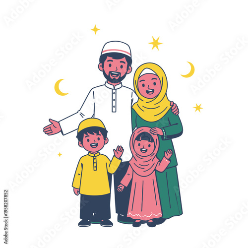 Happy Muslim Family Celebrating Together with Children.
