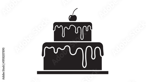 Cake icon with dripping icing and cherry on top, simplified graphic design for celebrations. featuring dessert, sweet, food with celebration and