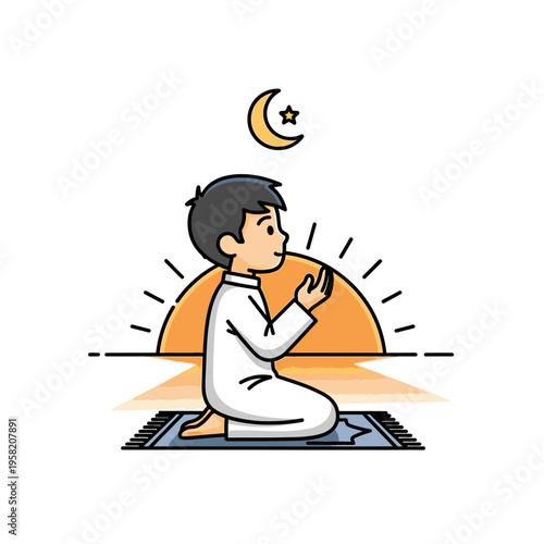 Young Muslim boy praying on a mat with a crescent moon and sun.