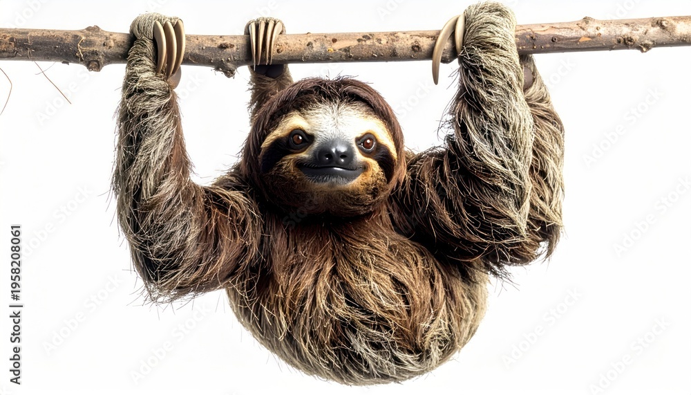 Fototapeta premium Adorable sloth hanging upside down from a branch on white.