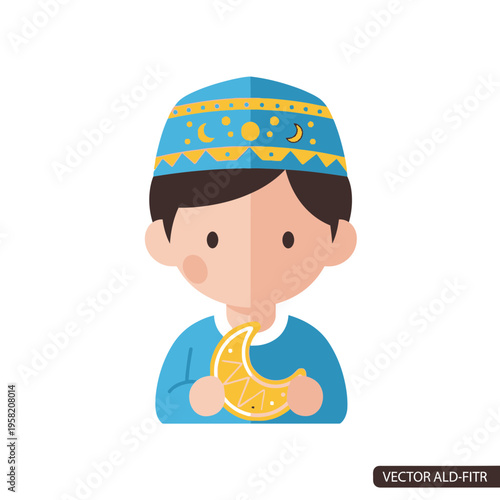 Young Muslim boy in a blue kufi cap holding a golden crescent moon.