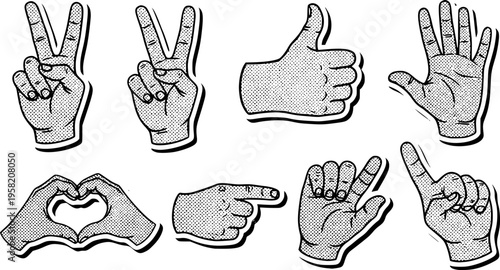 Cut out hand emoji gestures set. Various halftone hands signs vintage dotted stickers. Modern retro vector illustration for mixed media design, collage and scrapbook isolated on transparent background