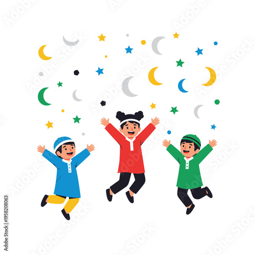 Three happy children jumping with joy celebrating a festive occasion.