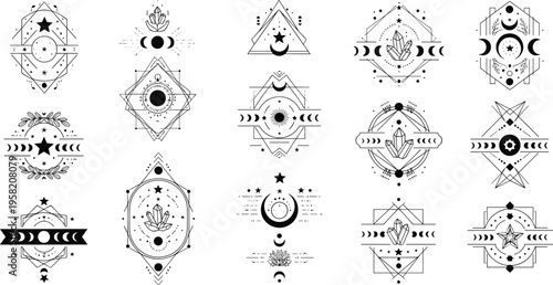 Geometric Mystical Symbol Set with Moon Phases, Crystals, Sacred Geometry, Stars, and Esoteric Magic Elements Vector Illustration Collection