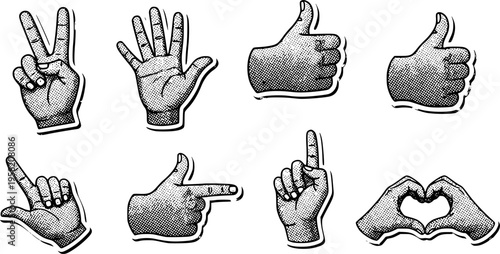 Cut out hand emoji gestures set. Various halftone hands signs vintage dotted stickers. Modern retro vector illustration for mixed media design, collage and scrapbook isolated on transparent background