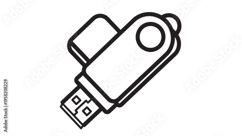 USB flash drive icon with a clean black outline, symbolizing digital storage and data transfer. featuring memory stick, computer accessory,