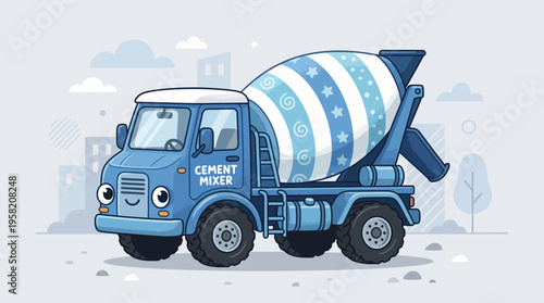 A cute blue and white cement mixer truck sits on a light gray background with a simple design