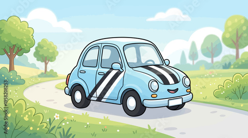 A stylized light blue cartoon car with black and white stripes