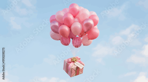 A surprise gift box floats up while being held by a cluster of pink balloons against a soft blue background