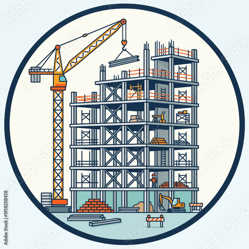 Construction building framework icon, unfinished building structure, flat vector illustration, architectural construction symbol