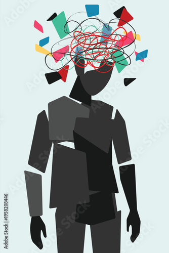 illustration of trauma mental health issue person , life crisis , messy maze head,  broken shattered collage style, vector art 