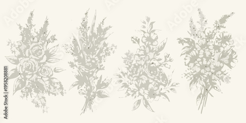 Delicate floral arrangements in a muted sketched style composition